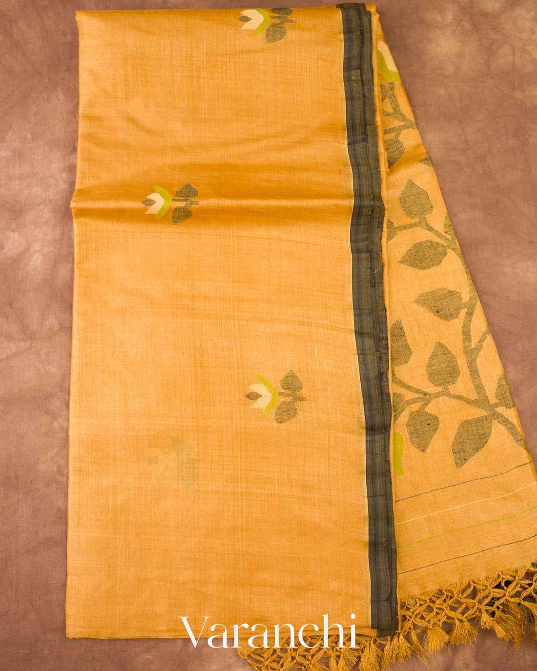 Mustard Yellow Jamdani Pure Tussar Silk Handloom Saree