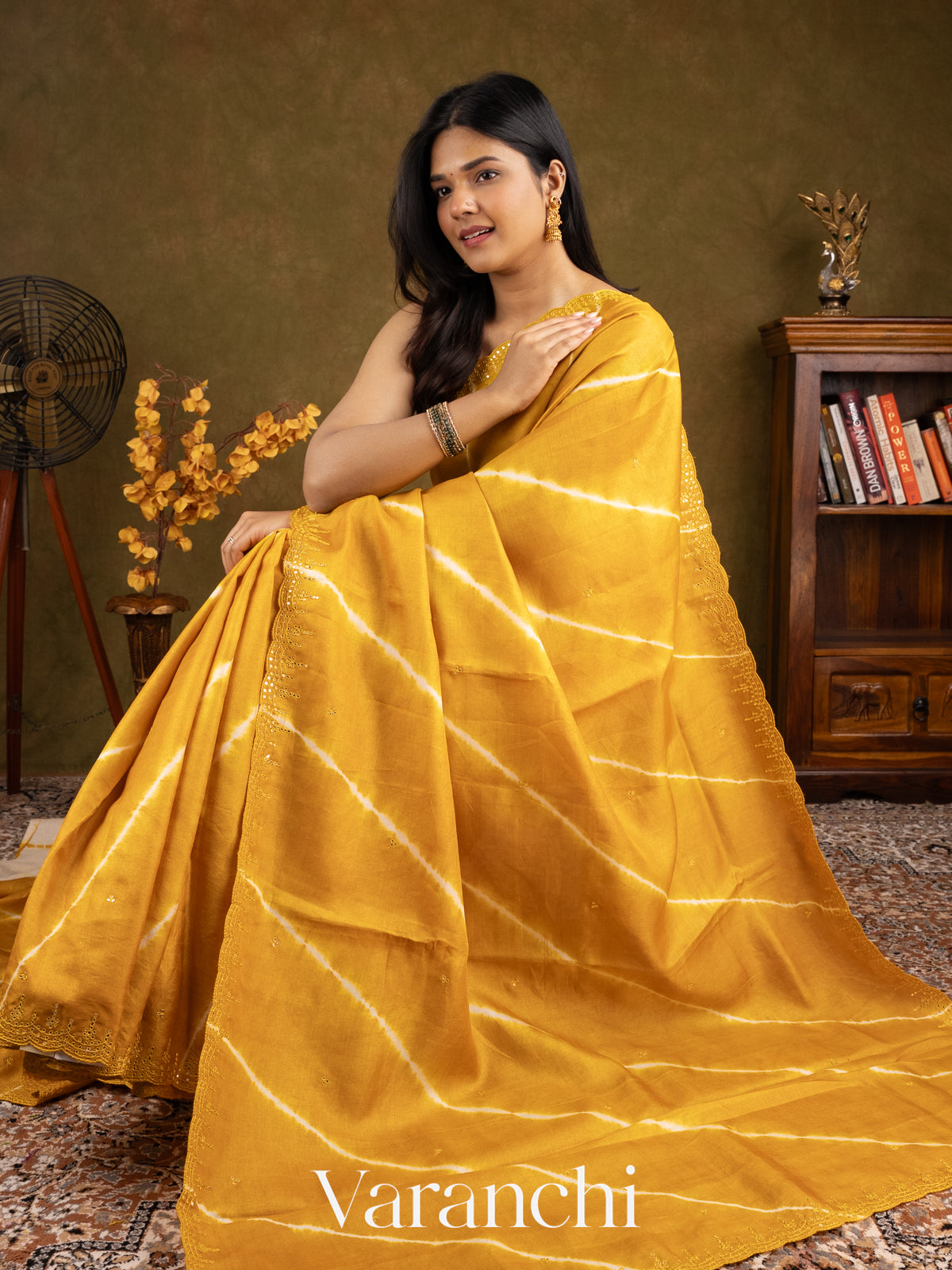Yellow Mirror Hand-Embroidered Pure Tussar Silk Handloom Saree