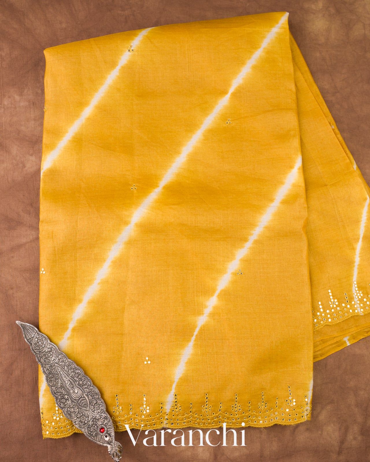 Yellow Mirror Hand-Embroidered Pure Tussar Silk Handloom Saree