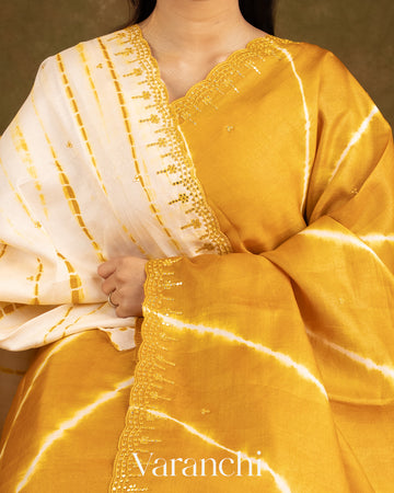 Yellow Mirror Hand-Embroidered Pure Tussar Silk Handloom Saree