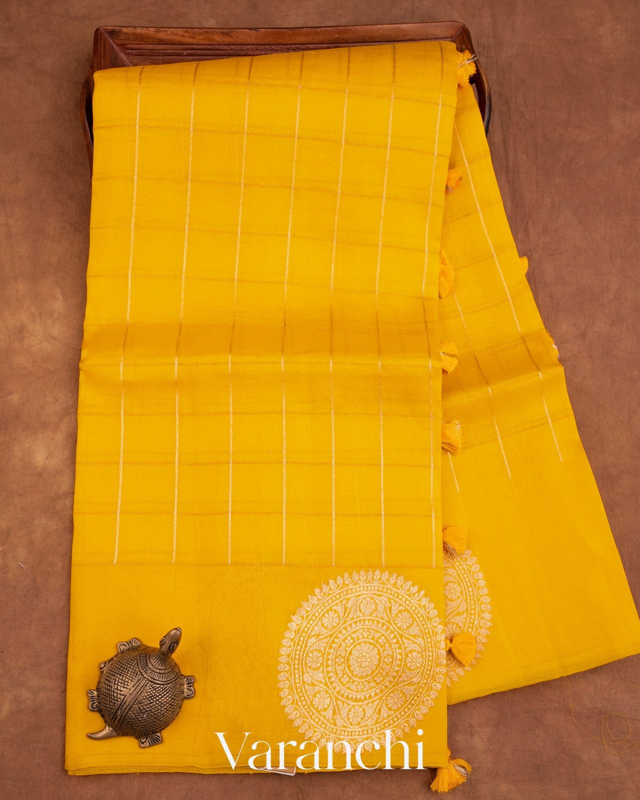 Yellow Checks Pure Kora Silk Handloom Saree