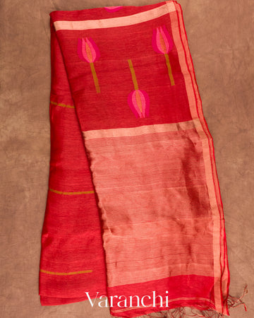 Rusty Red Tulip Jamdani Pure Silk Linen Handloom Saree