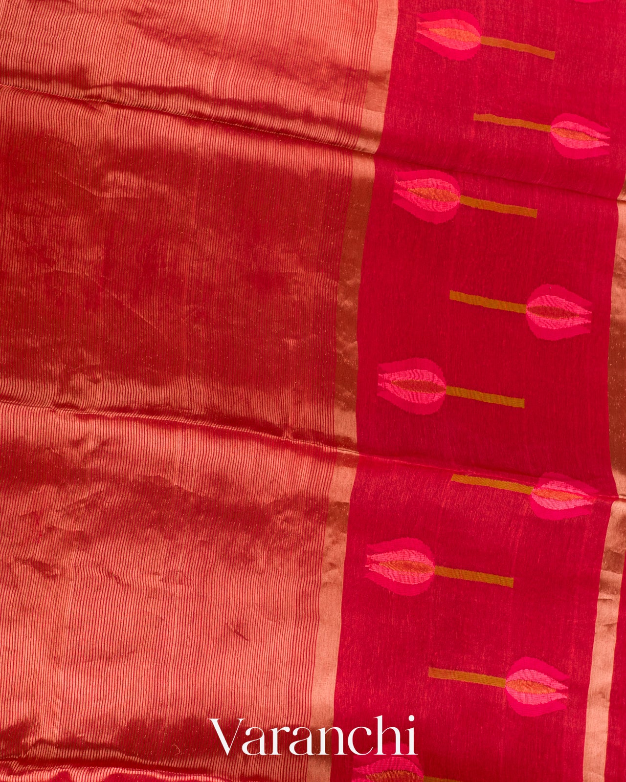 Rusty Red Tulip Jamdani Pure Silk Linen Handloom Saree