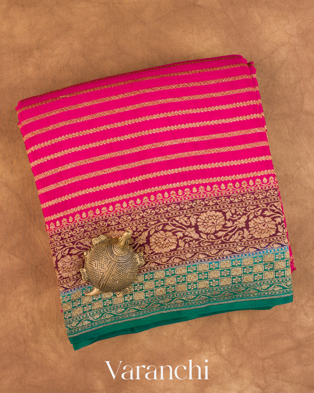 Magenta Striped Pure Crepe Silk Handloom Saree — Folded