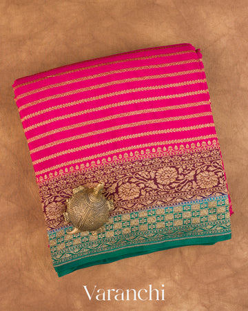 Magenta Striped Pure Crepe Silk Handloom Saree — Folded