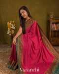 Magenta Striped Pure Crepe Silk Handloom Saree — Draped