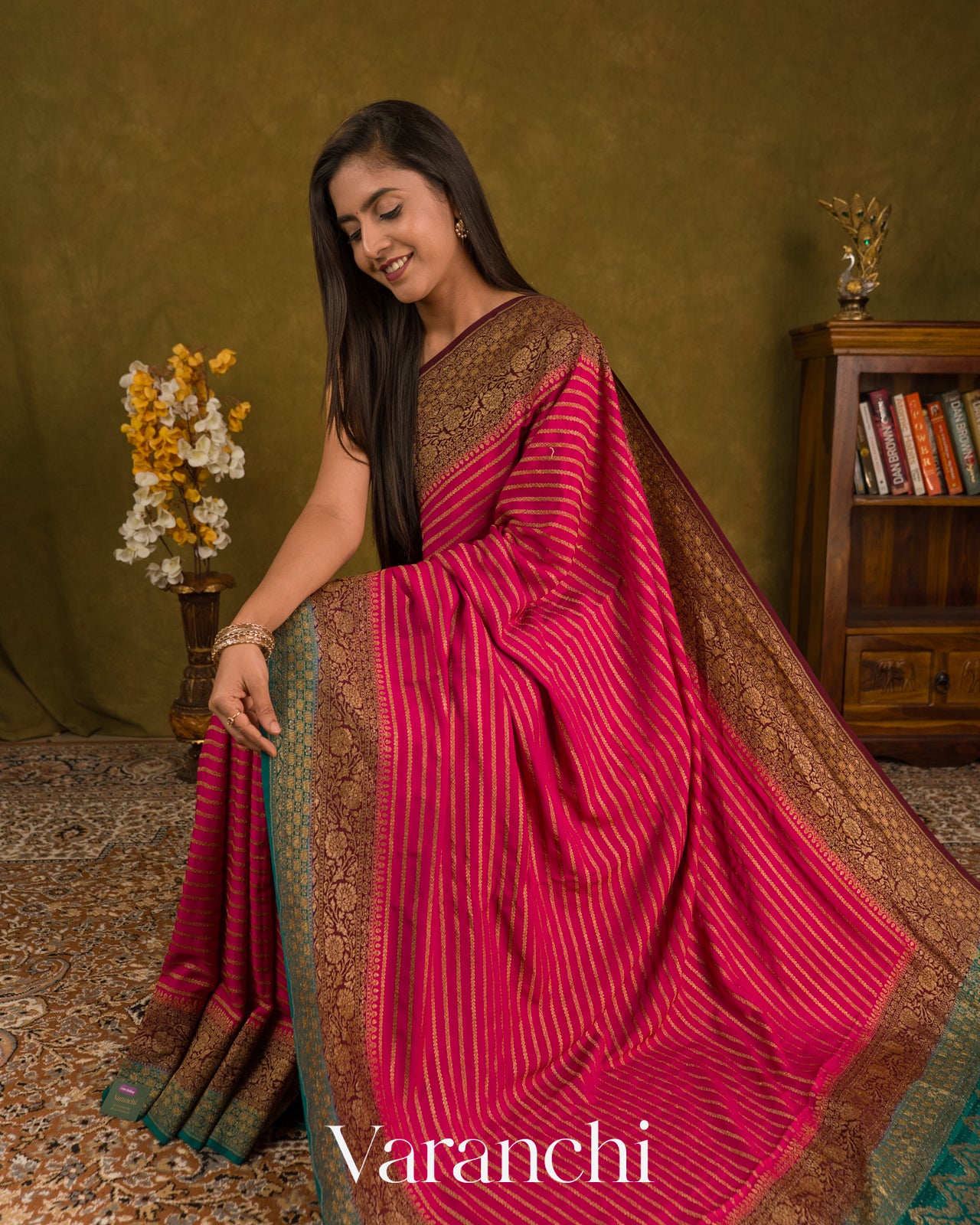 Magenta Striped Pure Crepe Silk Handloom Saree — Draped