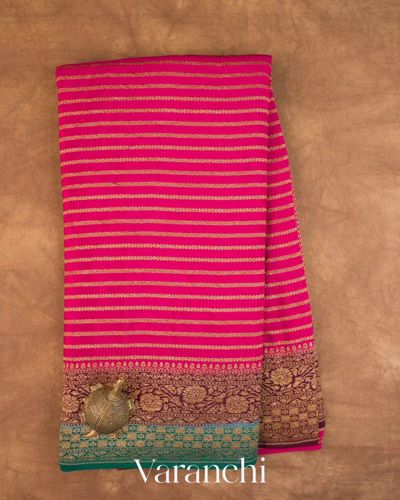 Magenta Striped Pure Crepe Silk Handloom Saree — Full Saree