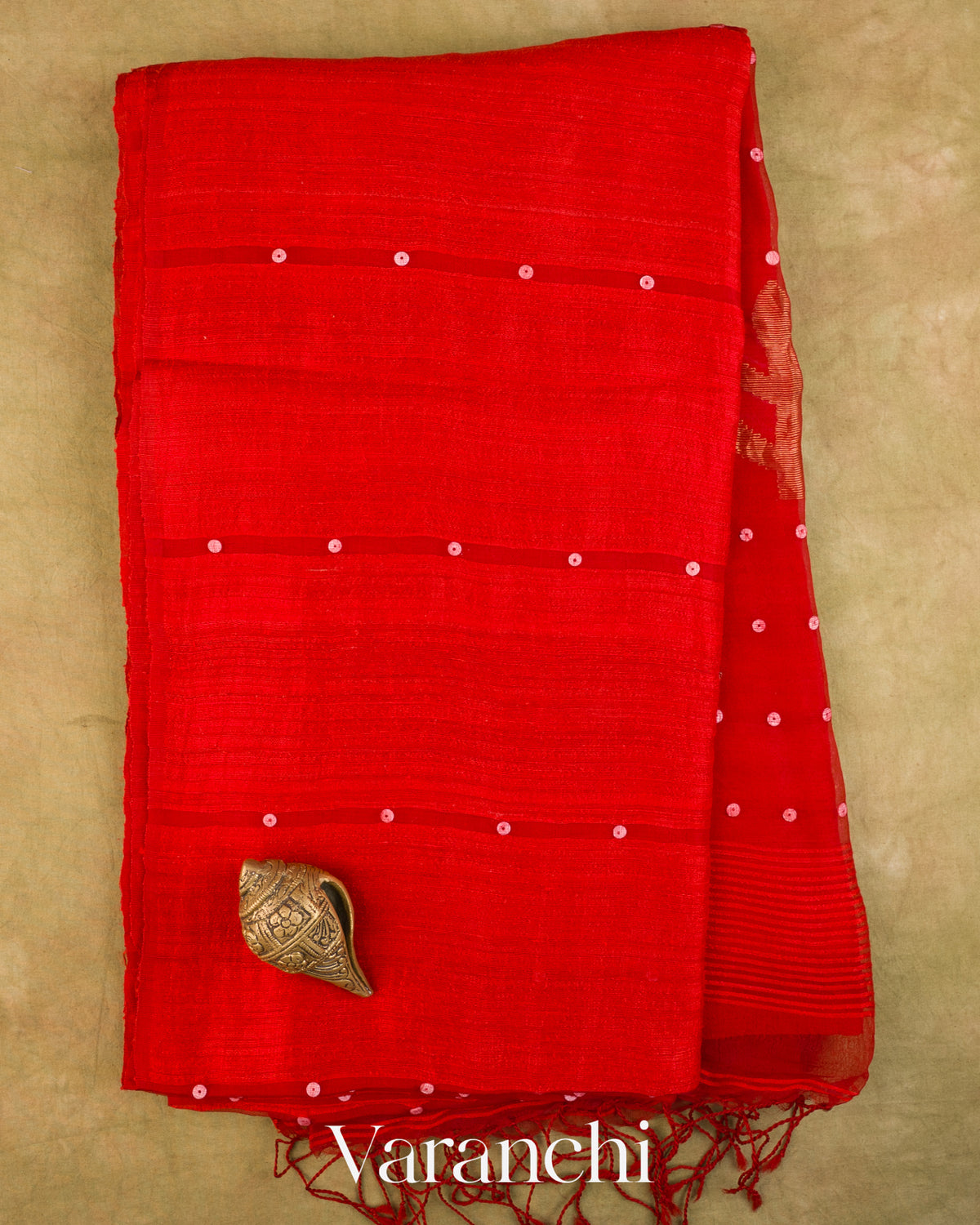 Bright Red Sequin with Jamdani Pure Matka Silk Handloom Saree — Full Saree