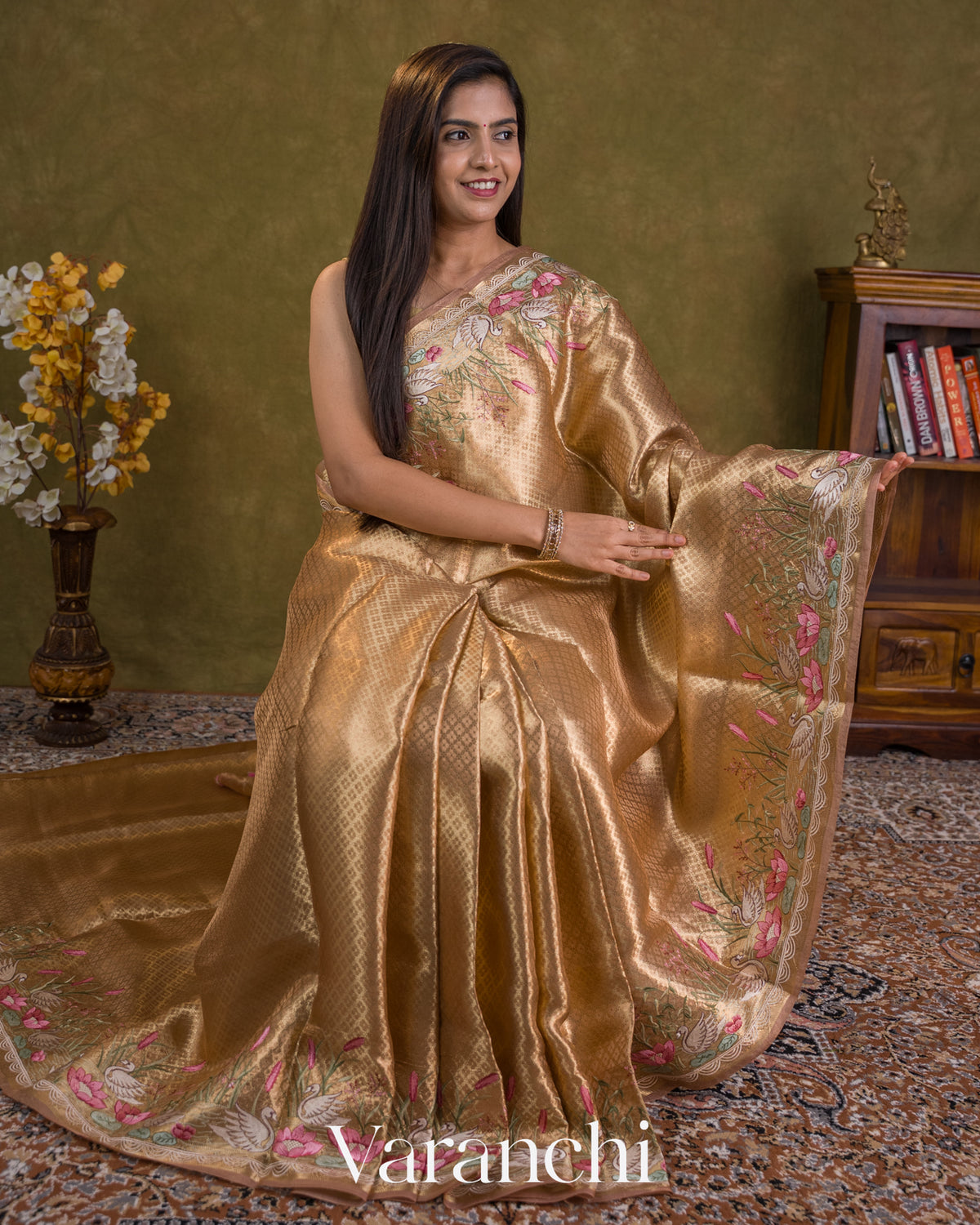 Peach Brocade Pure Kora Silk Saree