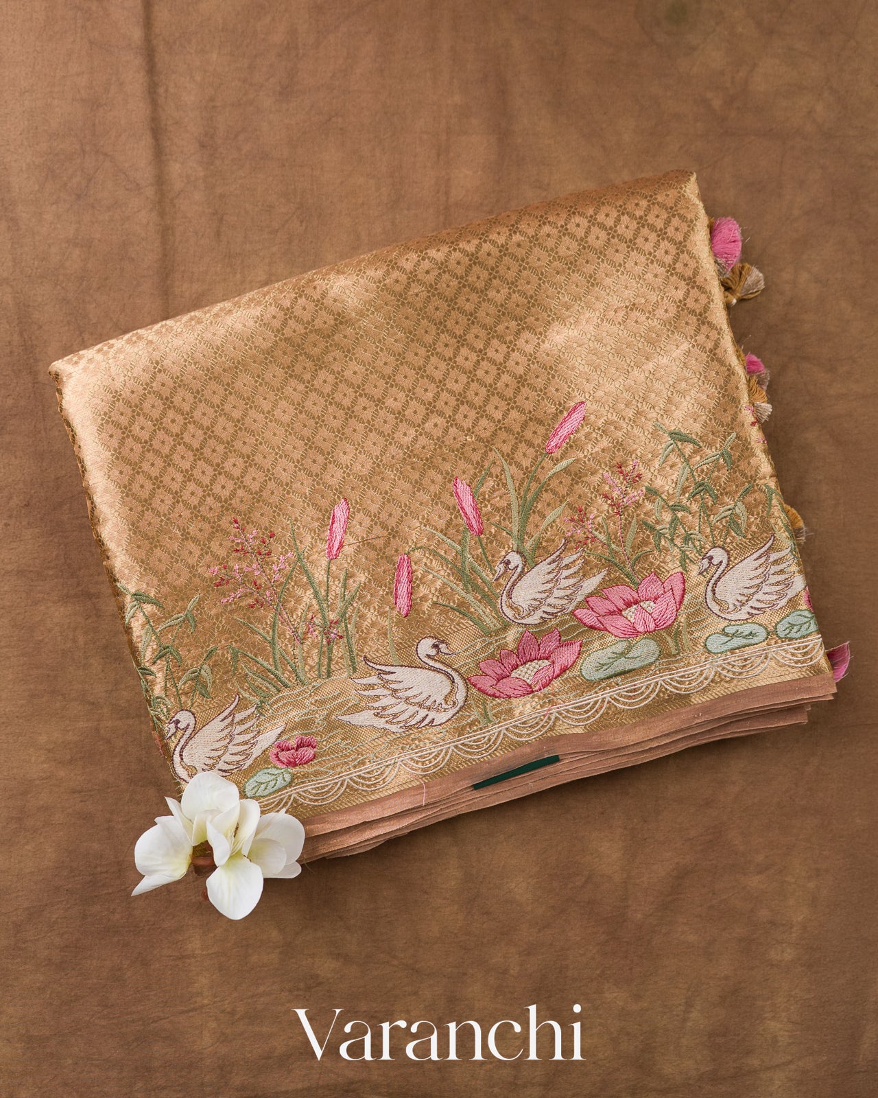 Peach Brocade Pure Kora Silk Saree