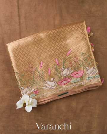 Peach Brocade Pure Kora Silk Saree