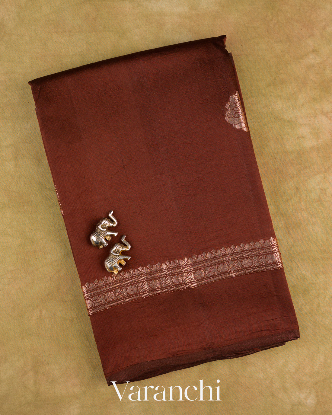 Dark Chocolate Brown Pure Poona Silk Saree — Folded