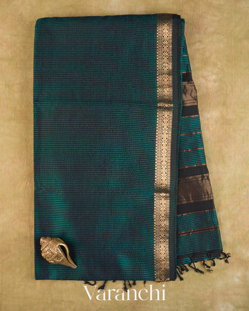 Turquoise Blue Striped Pure Maheshwari Silk Cotton Handloom Saree — Full Saree