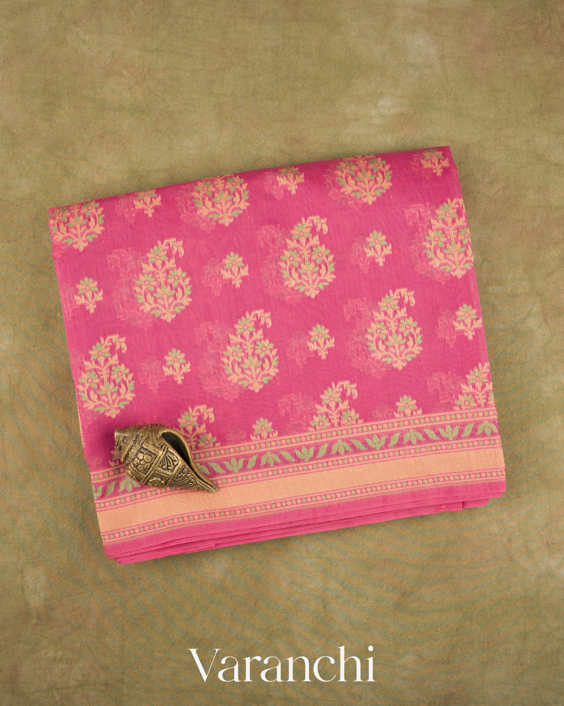 Magenta Pink Jamdani Pure Kora Silk Cotton Saree — Folded