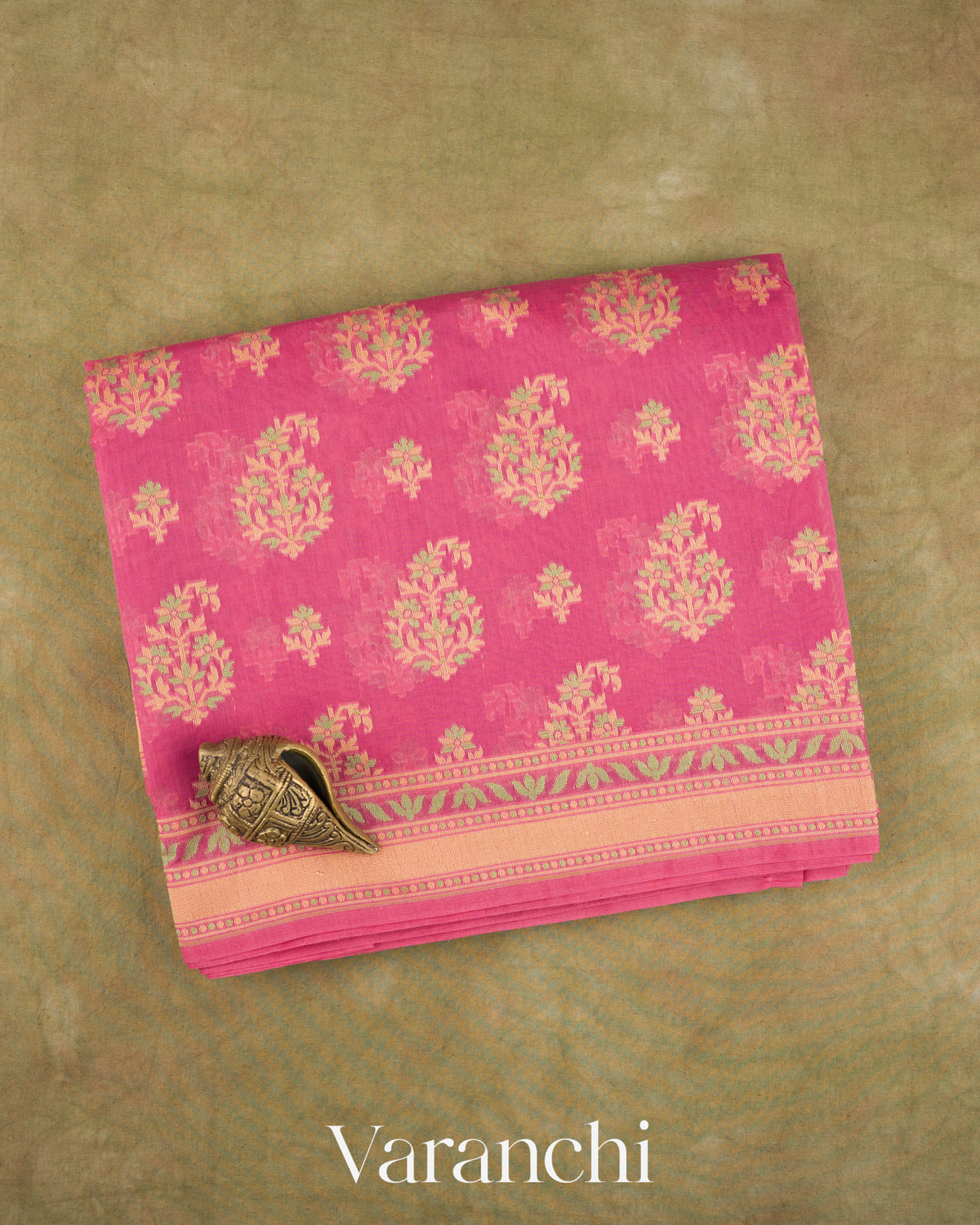 Magenta Pink Jamdani Pure Kora Silk Cotton Saree — Folded