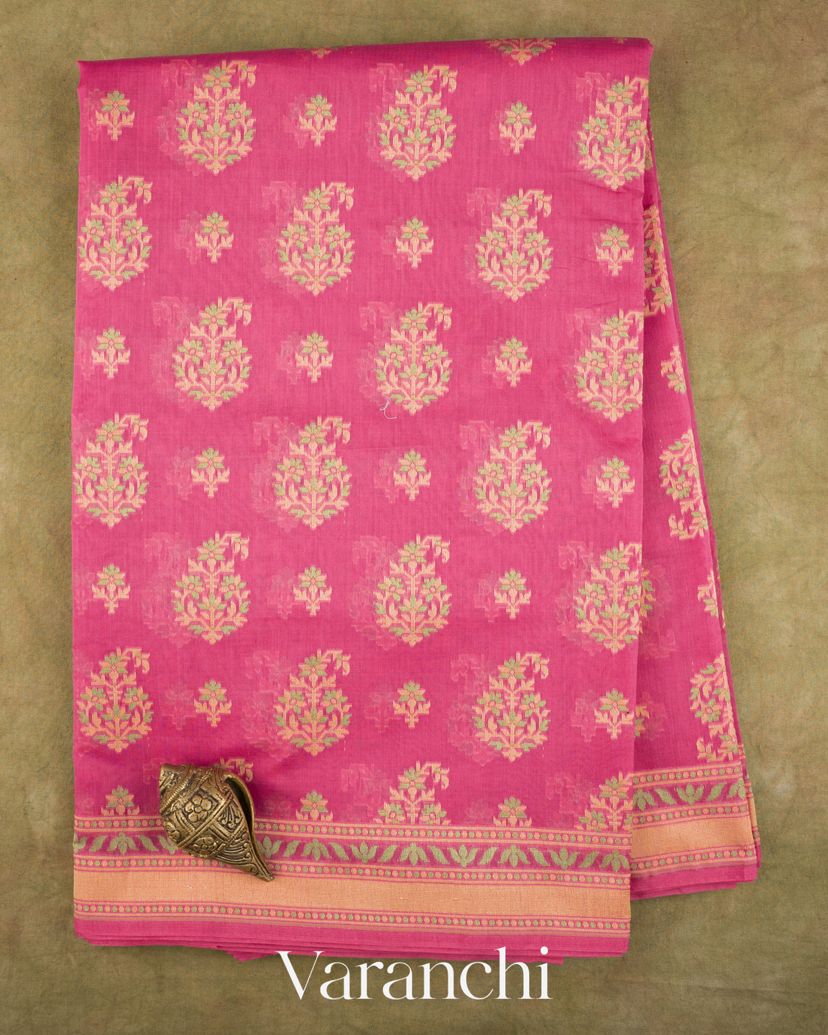 Magenta Pink Jamdani Pure Kora Silk Cotton Saree — Full Saree