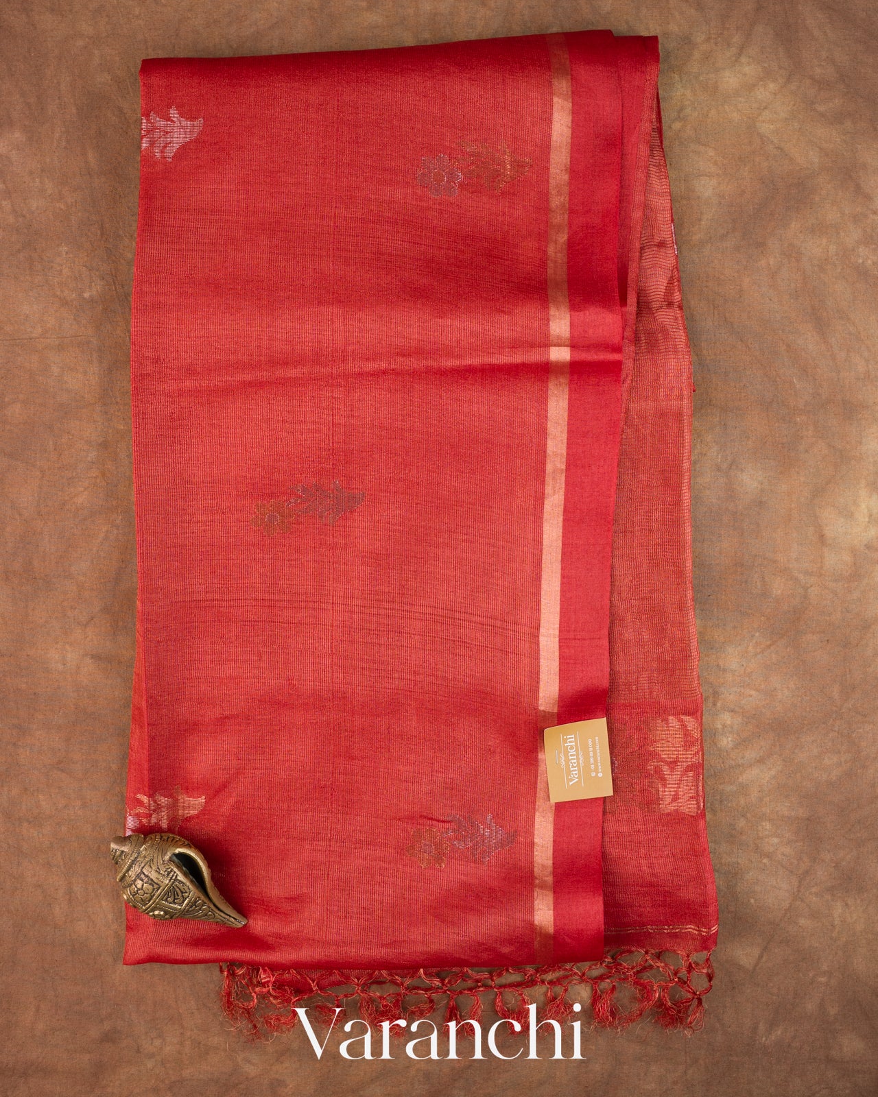Tulip Red Jamdani Pure Tussar Tissue Silk Handloom Saree