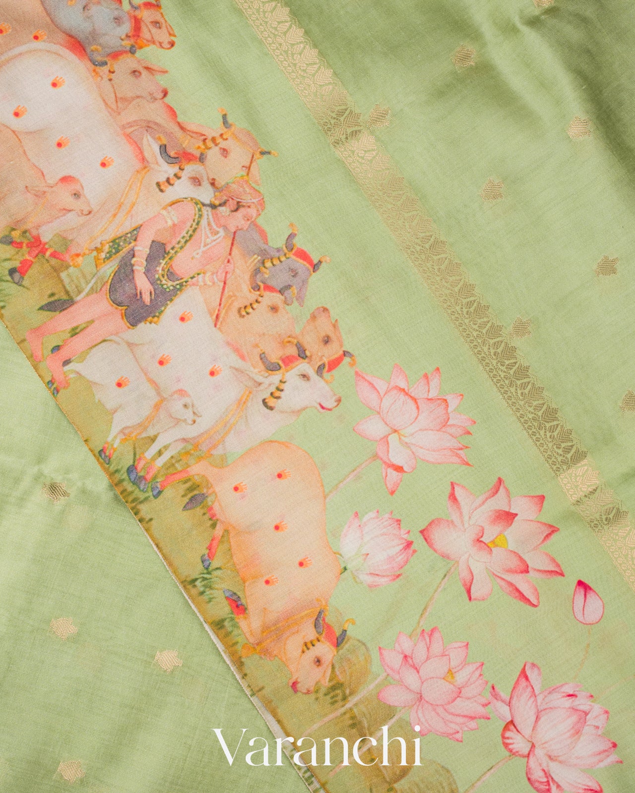 Pista Green Pichwai Digital Printed Pure Chiniya Silk Saree