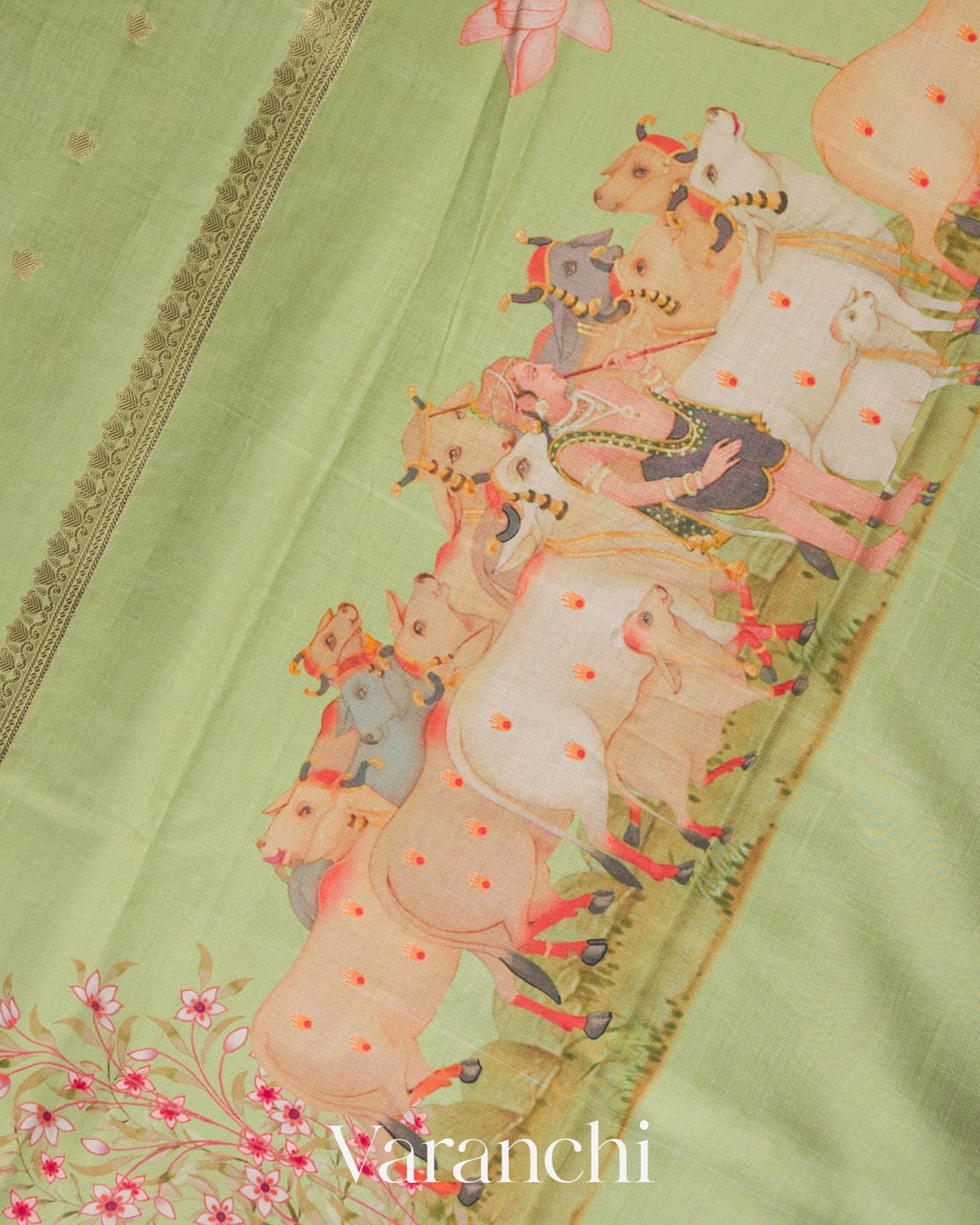 Pista Green Pichwai Digital Printed Pure Chiniya Silk Saree