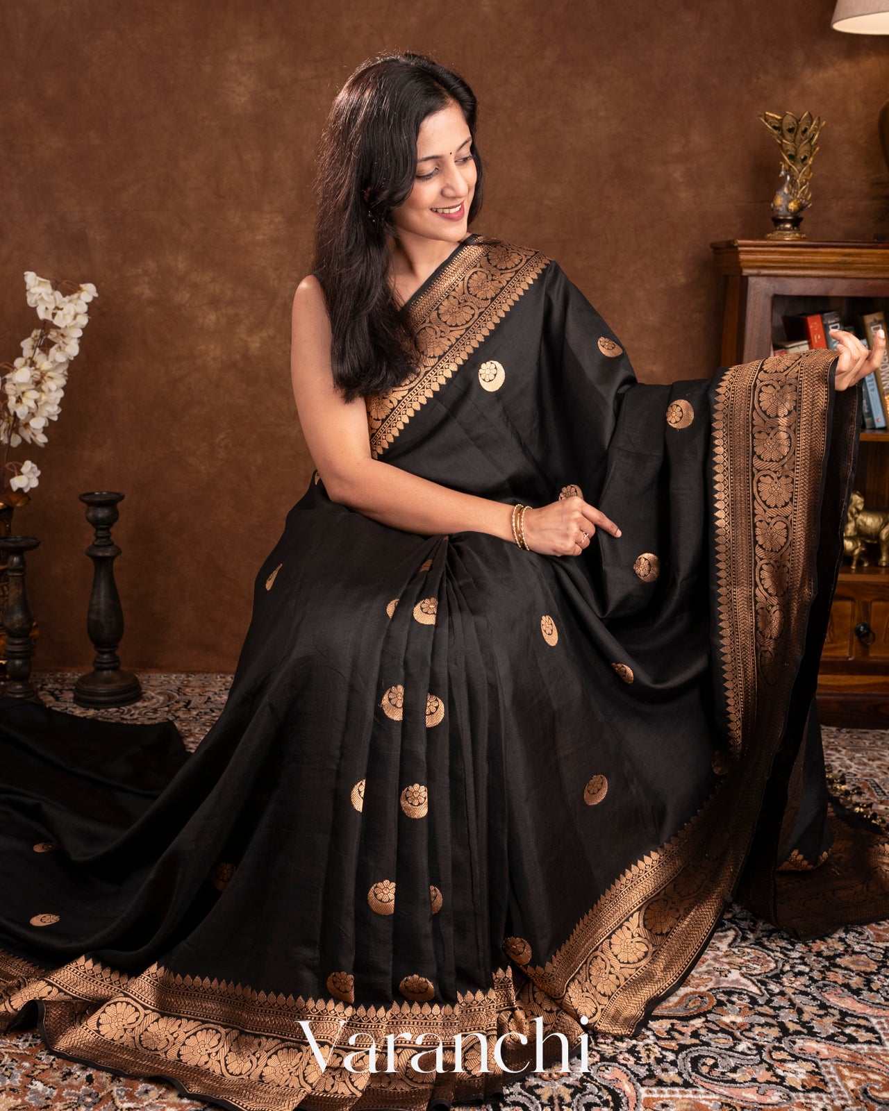 Jet Black Pure Katan Silk Handloom Saree