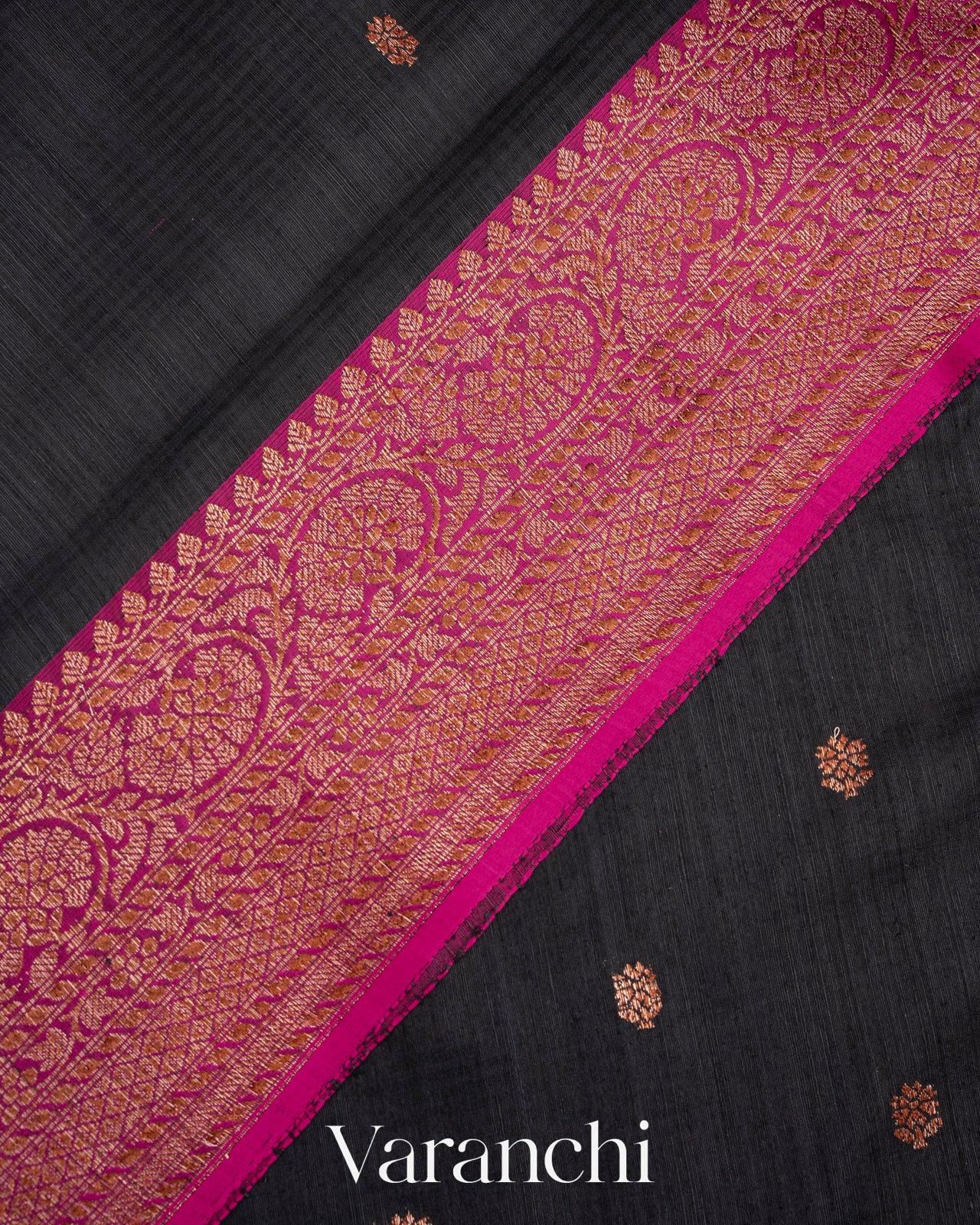 Deep Black Pure Dupion Silk Handloom Saree