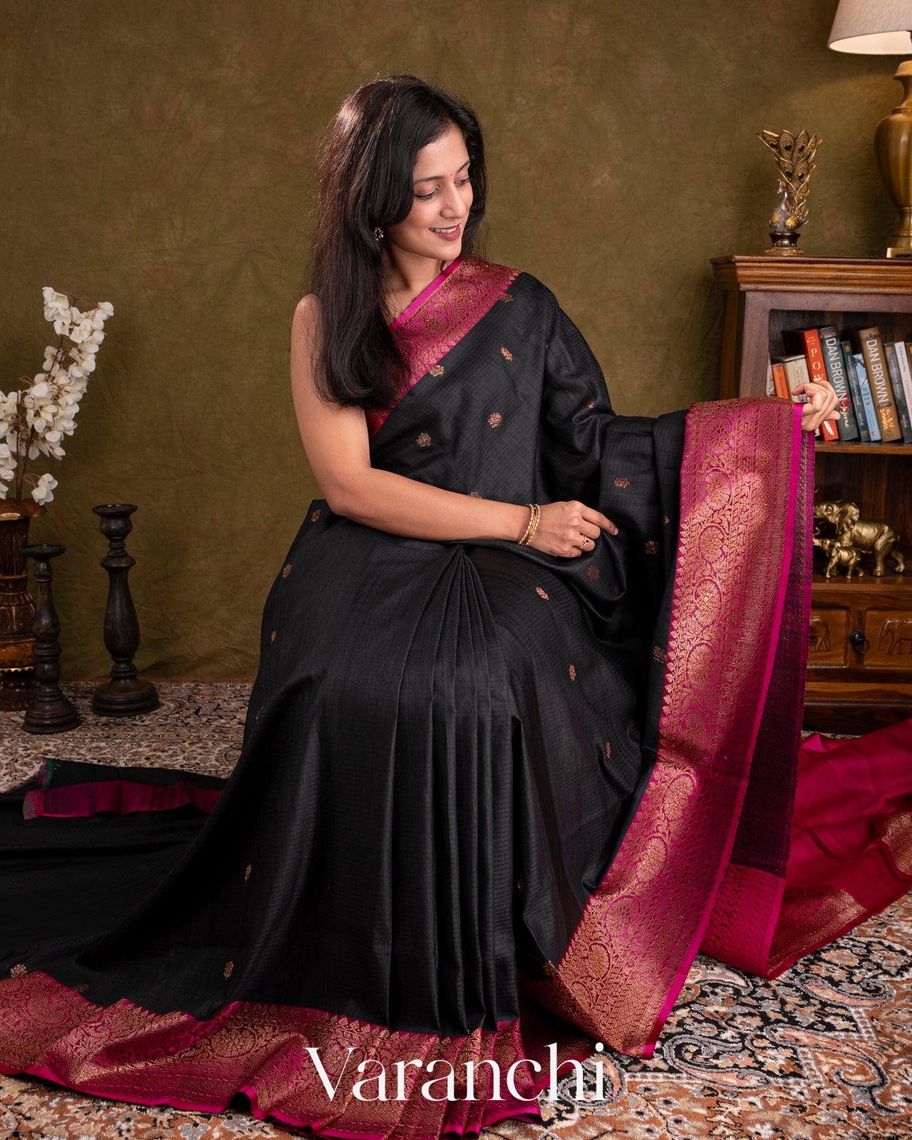 Deep Black Pure Dupion Silk Handloom Saree