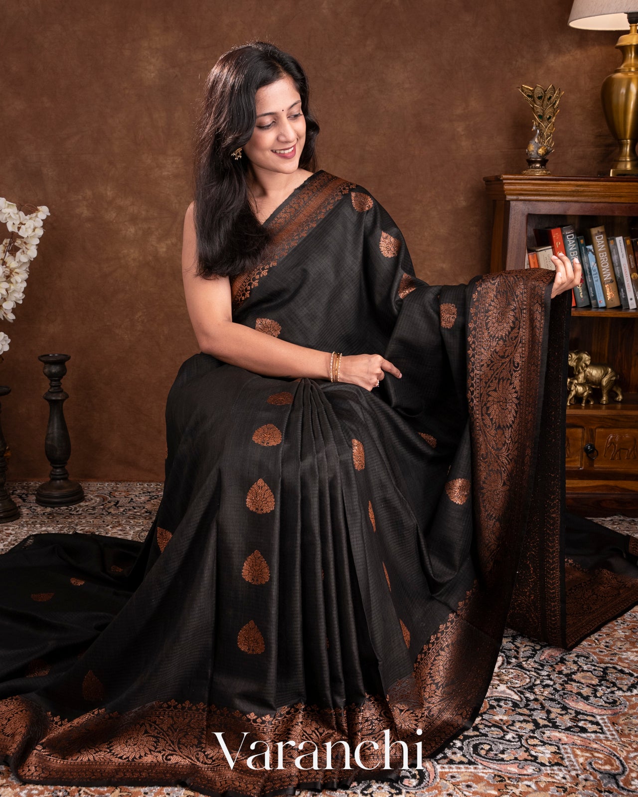 Jet Black Pure Dupion Silk Handloom Saree