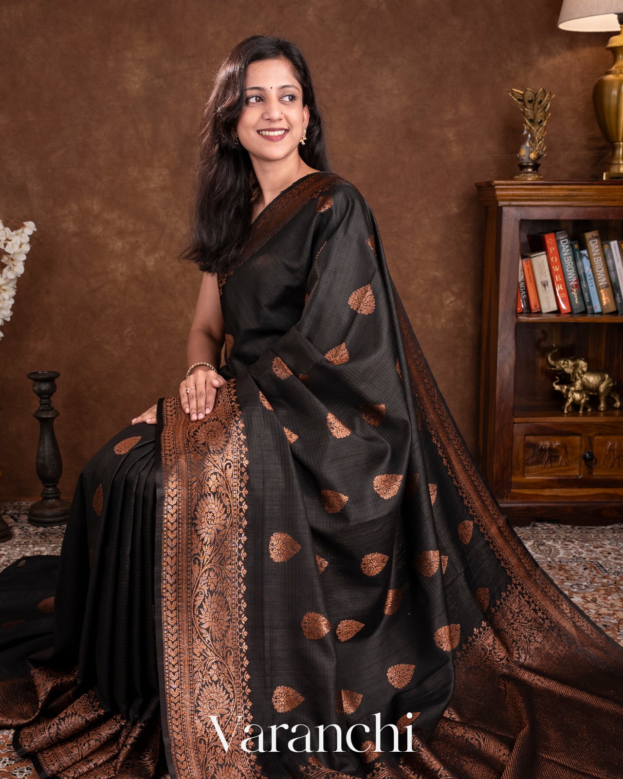 Jet Black Pure Dupion Silk Handloom Saree