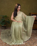 Soft Pista Green Striped Pure Kora Silk with Tissue Applique Pallu Saree