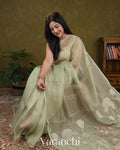 Soft Pista Green Striped Pure Kora Silk with Tissue Applique Pallu Saree