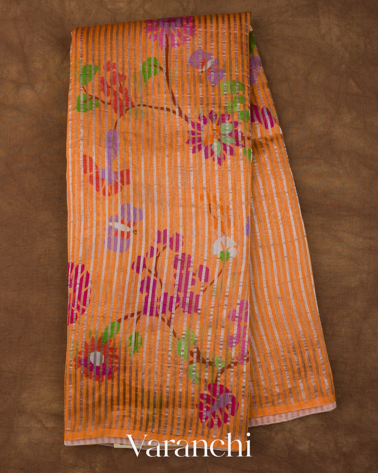 Tangerine Orange Floral Printed Pure Chanderi Silk Cotton Saree