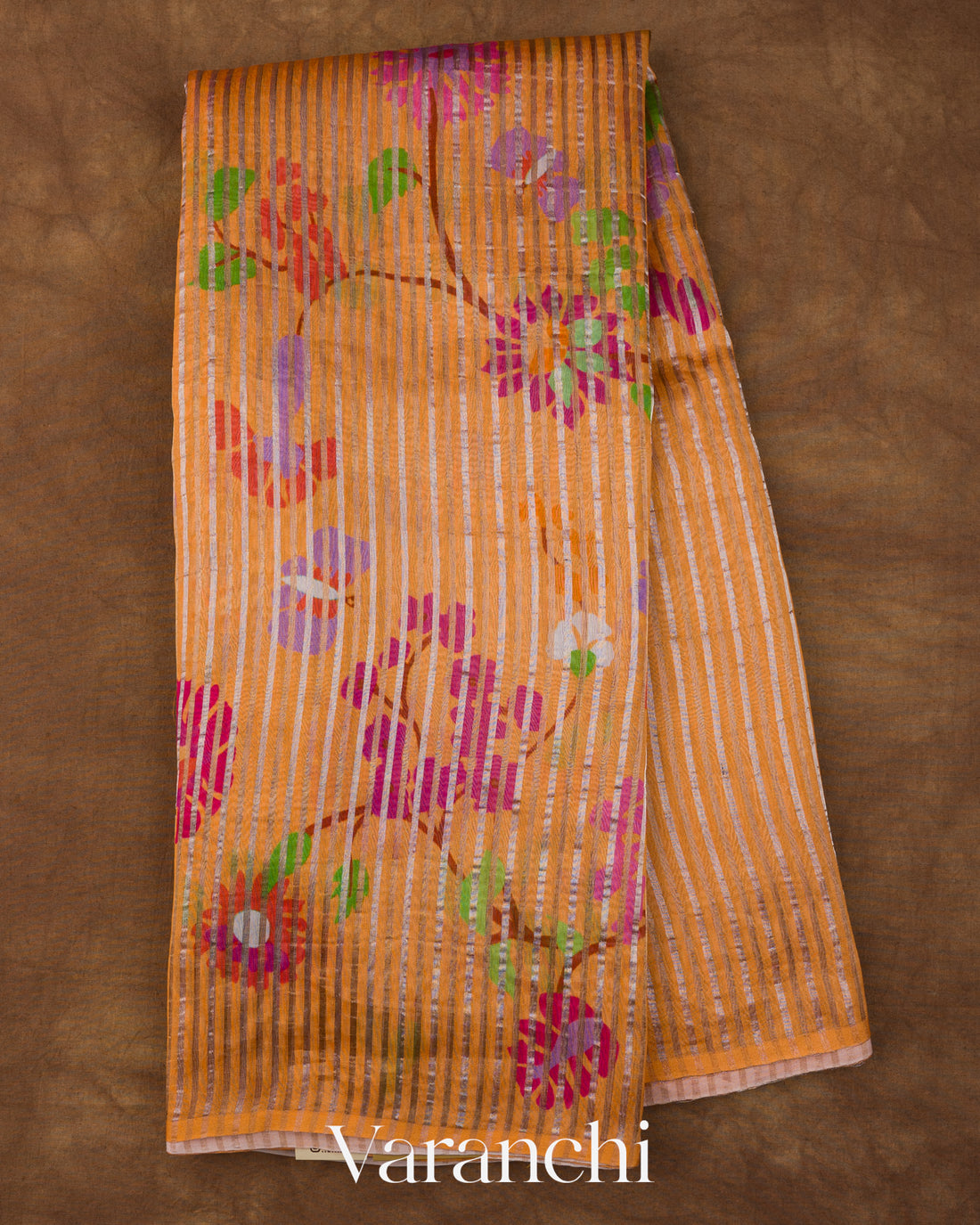 Tangerine Orange Floral Printed Pure Chanderi Silk Cotton Saree