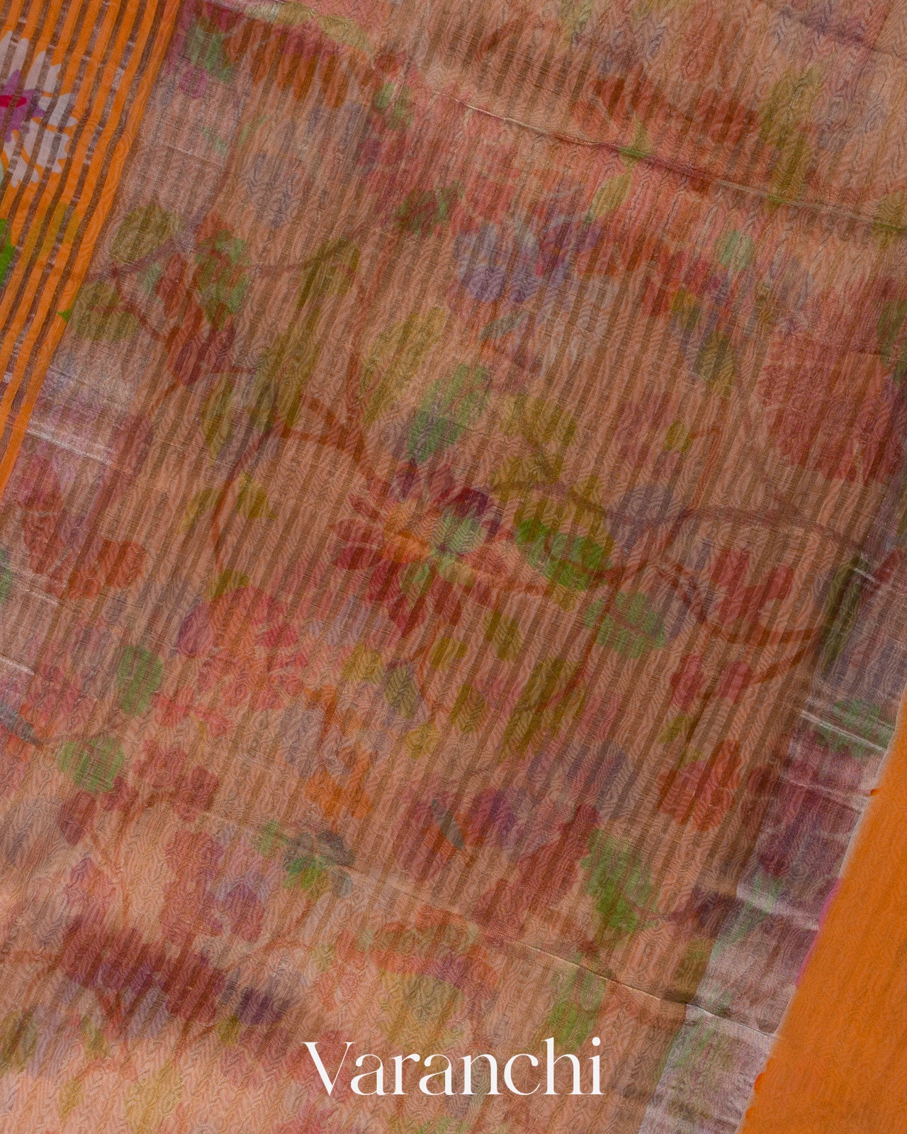 Tangerine Orange Floral Printed Pure Chanderi Silk Cotton Saree