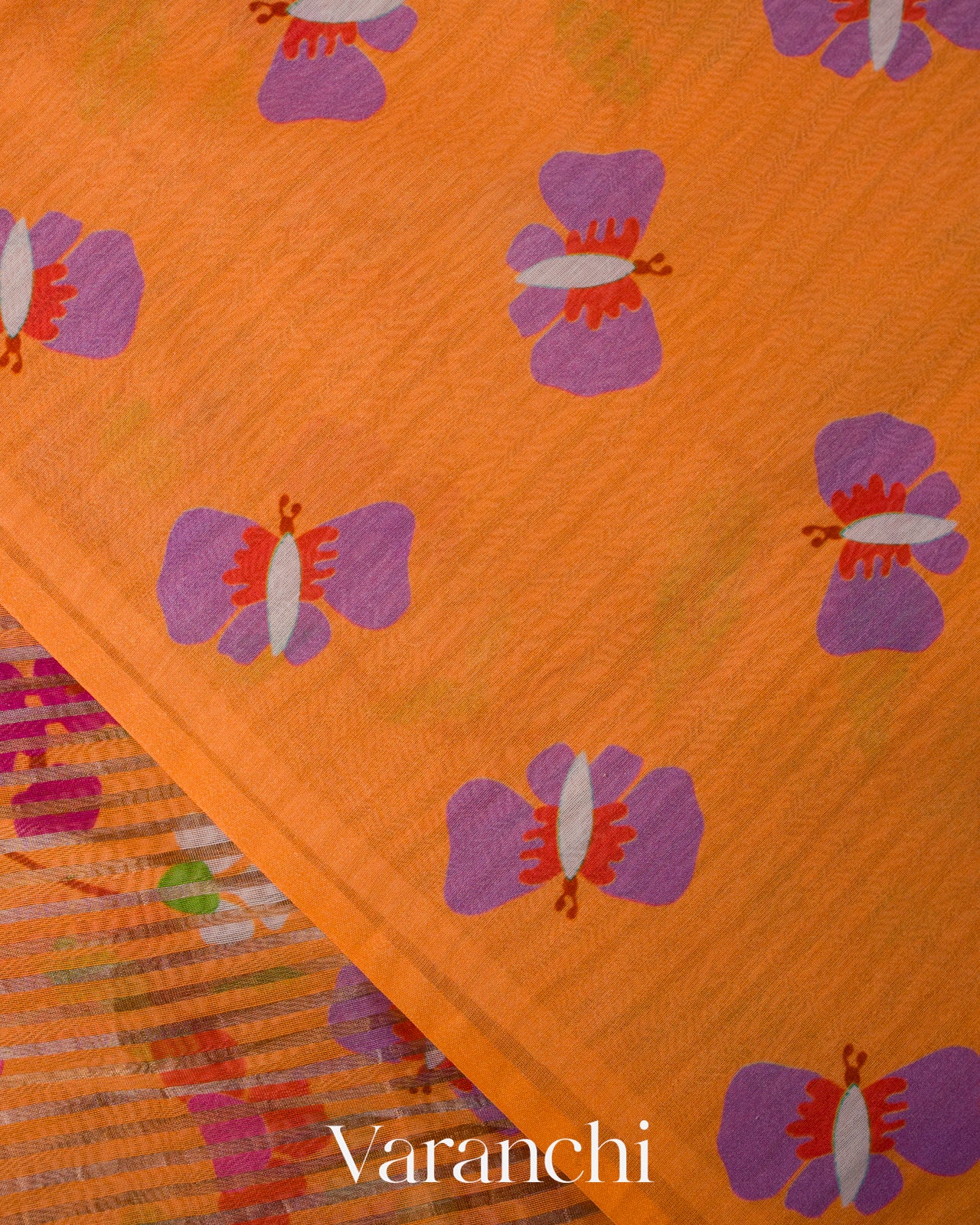 Tangerine Orange Floral Printed Pure Chanderi Silk Cotton Saree