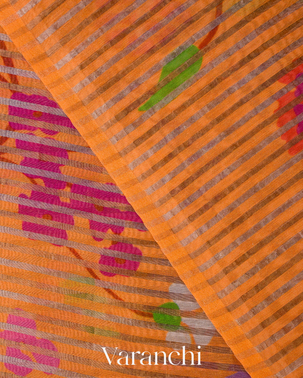 Tangerine Orange Floral Printed Pure Chanderi Silk Cotton Saree