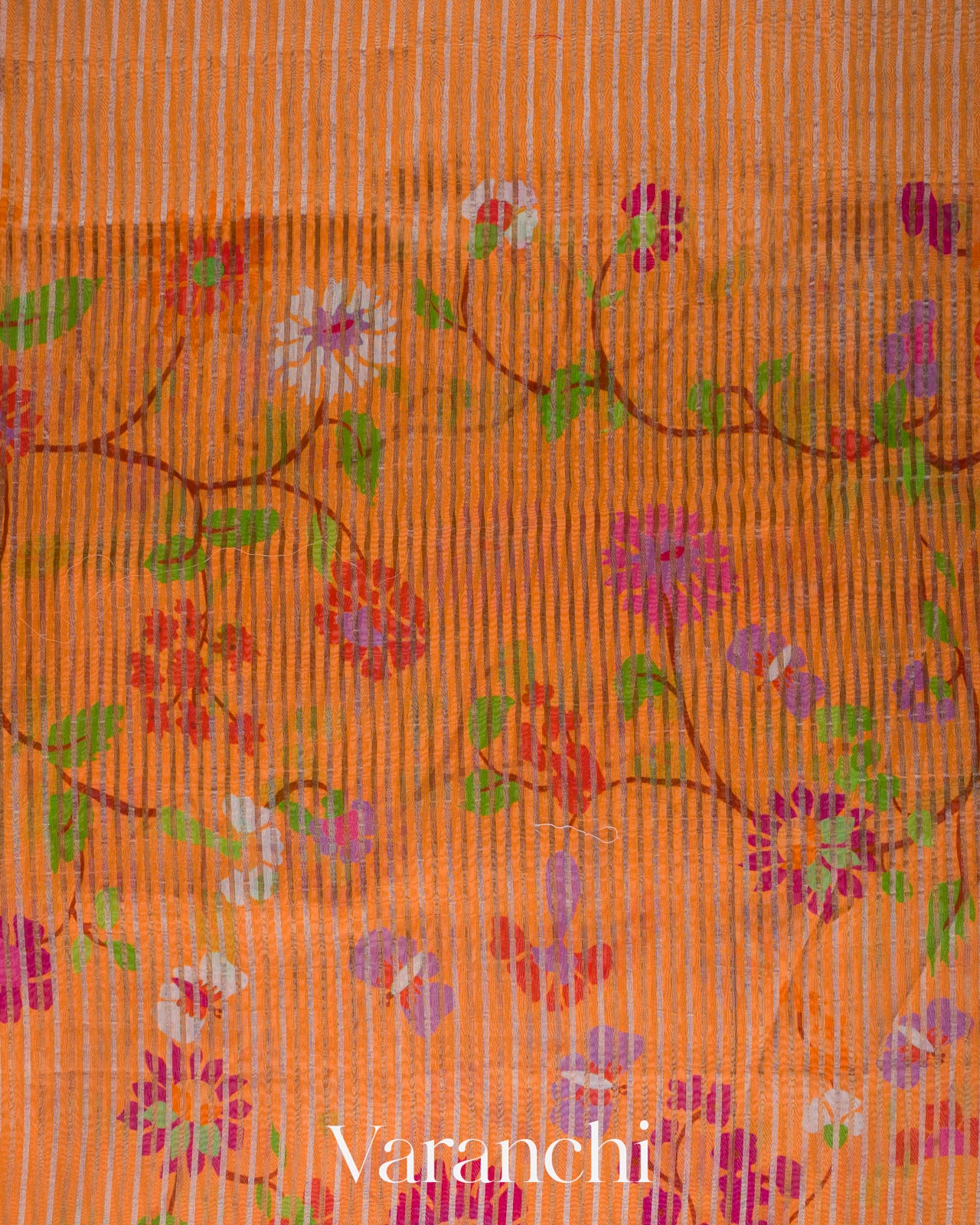 Tangerine Orange Floral Printed Pure Chanderi Silk Cotton Saree