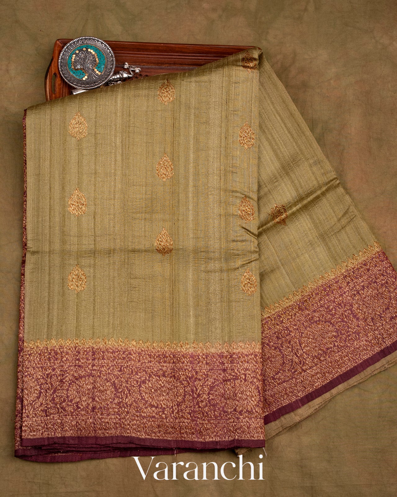 Antique Olive Green Pure Tussar Silk Handloom Saree