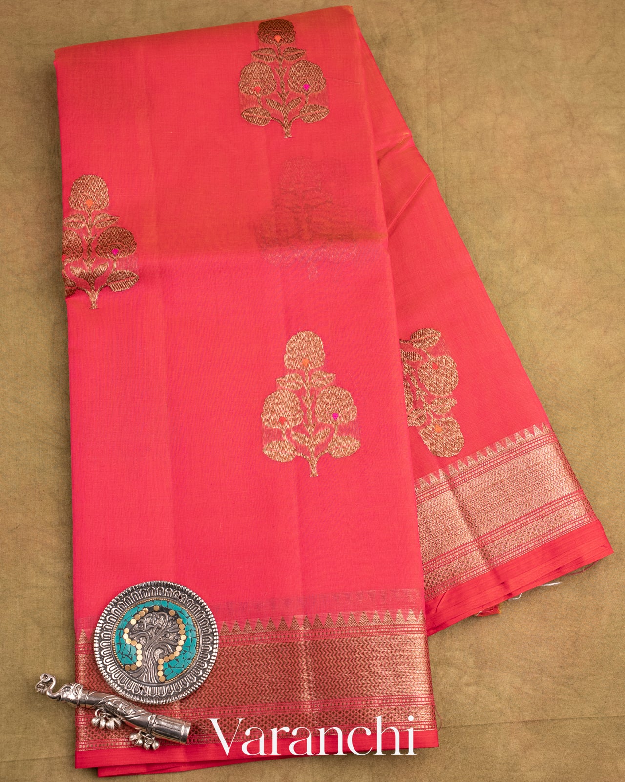 Reddish Pink Pure Chanderi Silk Cotton Handloom Saree