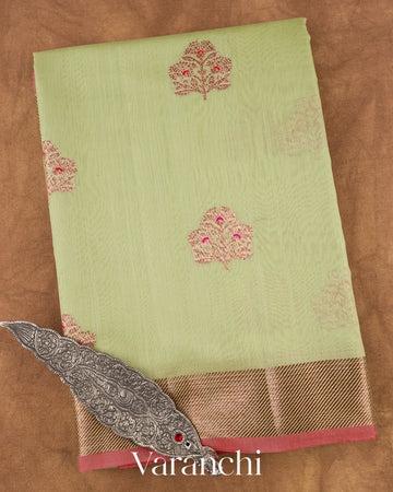 Pastel Pista Green Pure Chanderi Silk Cotton Handloom Saree