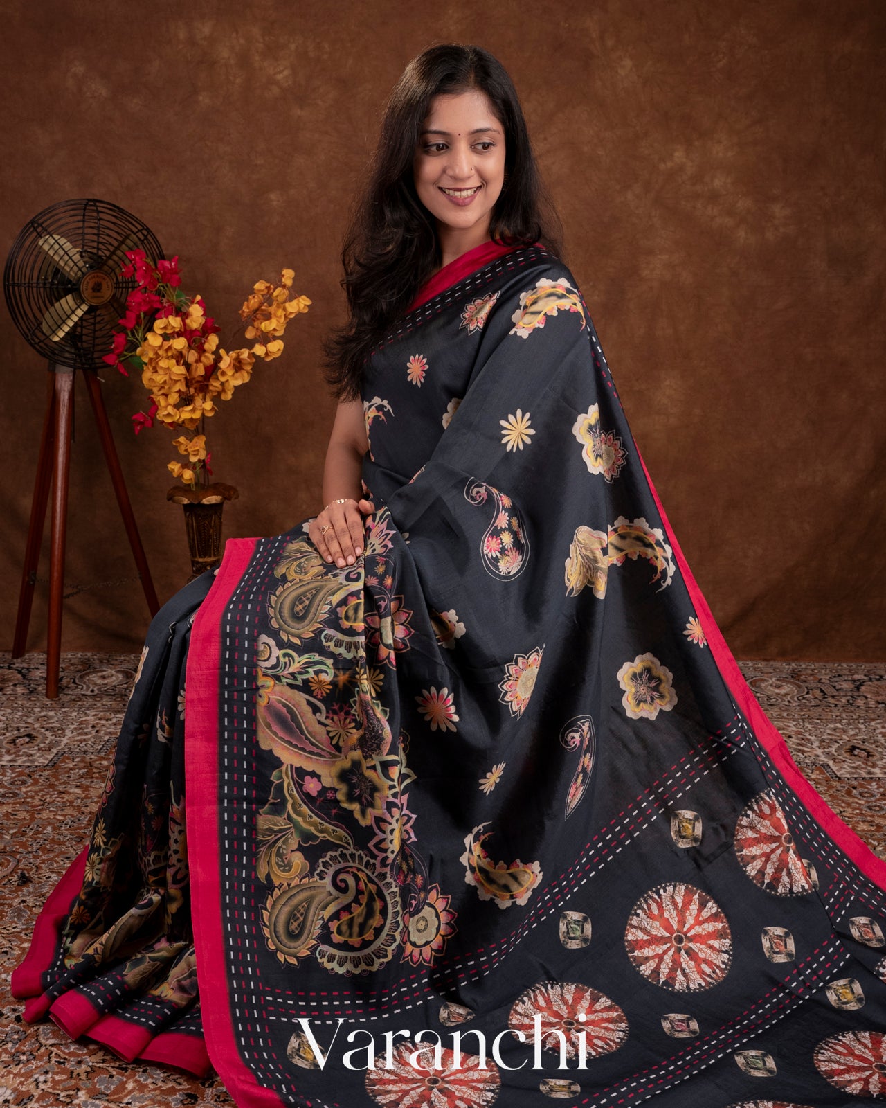 Black Floral Printed Pure Chiniya Silk Saree