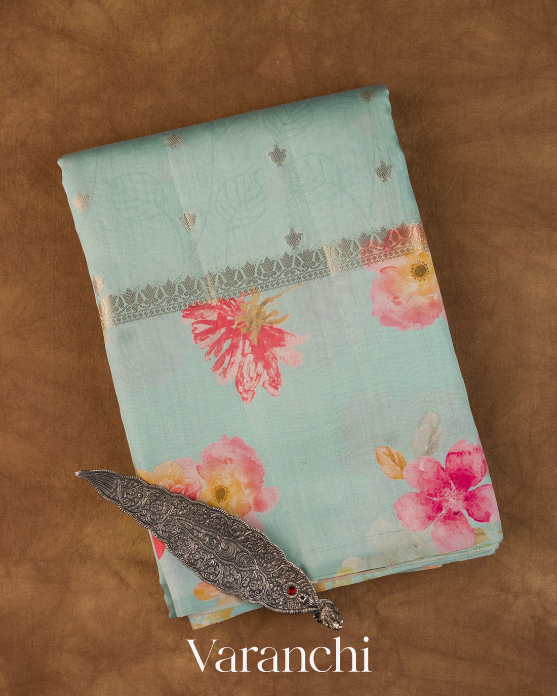 Sky Blue Floral Digital Print Pure Chiniya Silk Saree