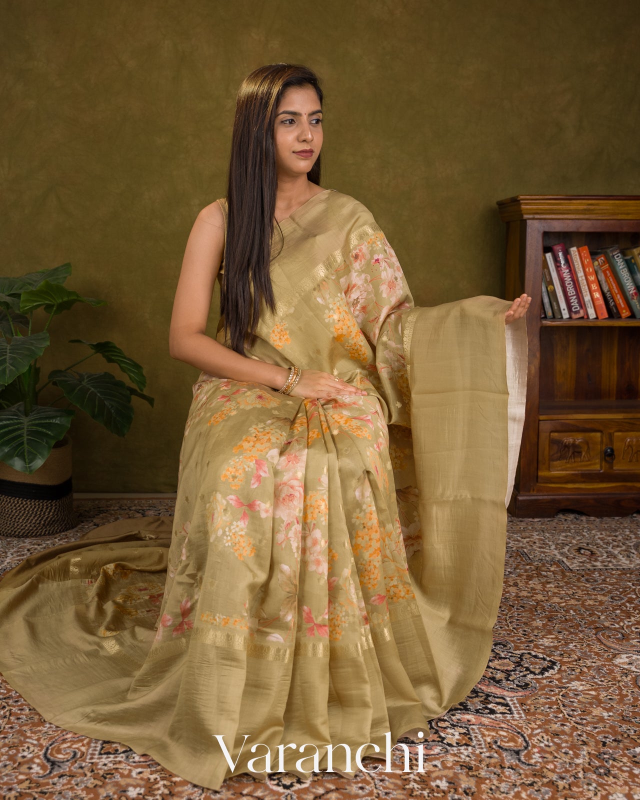 Deep Beige Floral Printed Pure Chiniya Silk Saree