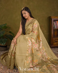 Deep Beige Floral Printed Pure Chiniya Silk Saree