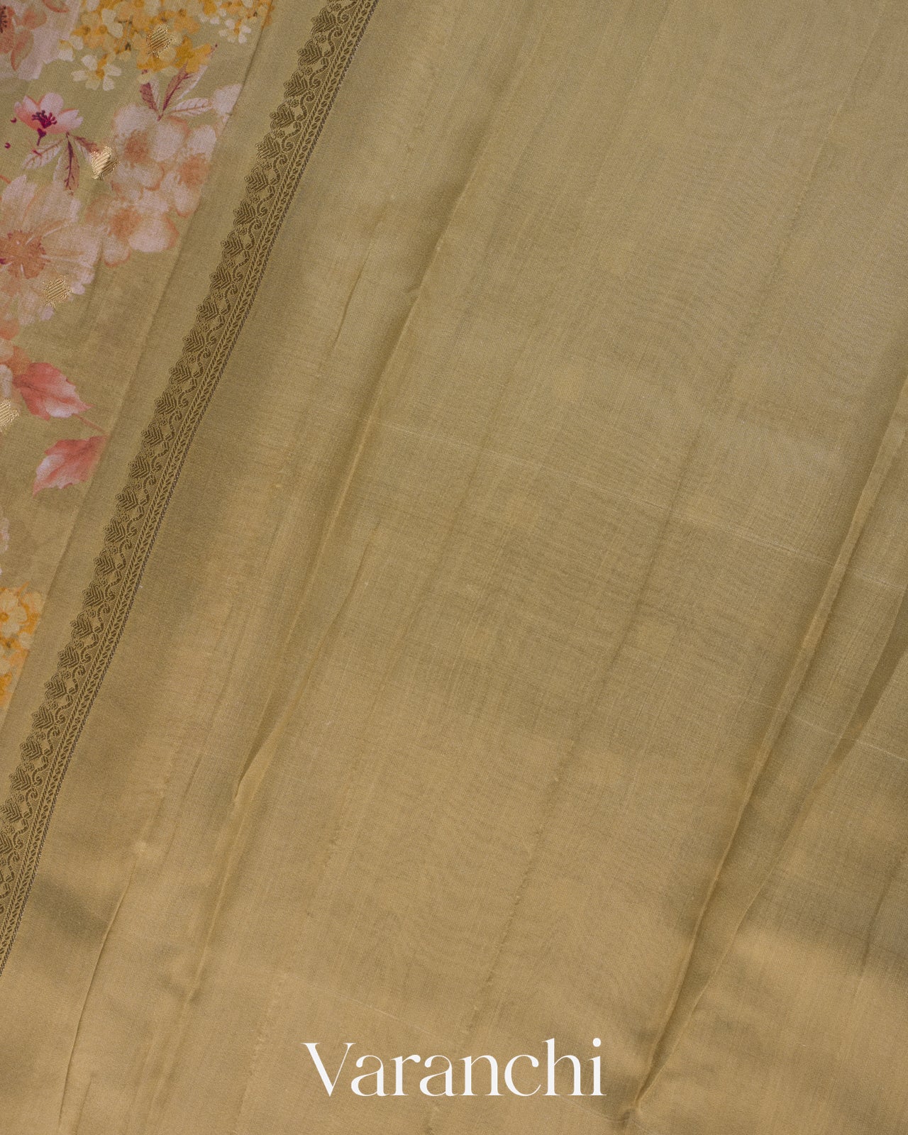 Deep Beige Floral Printed Pure Chiniya Silk Saree