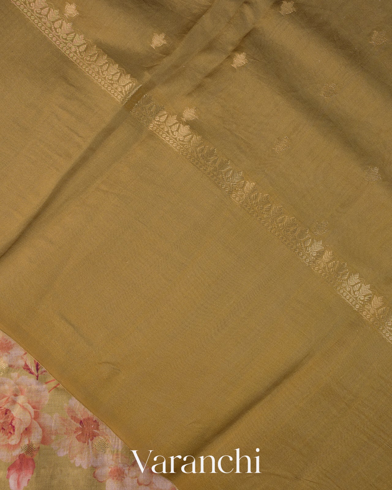 Deep Beige Floral Printed Pure Chiniya Silk Saree