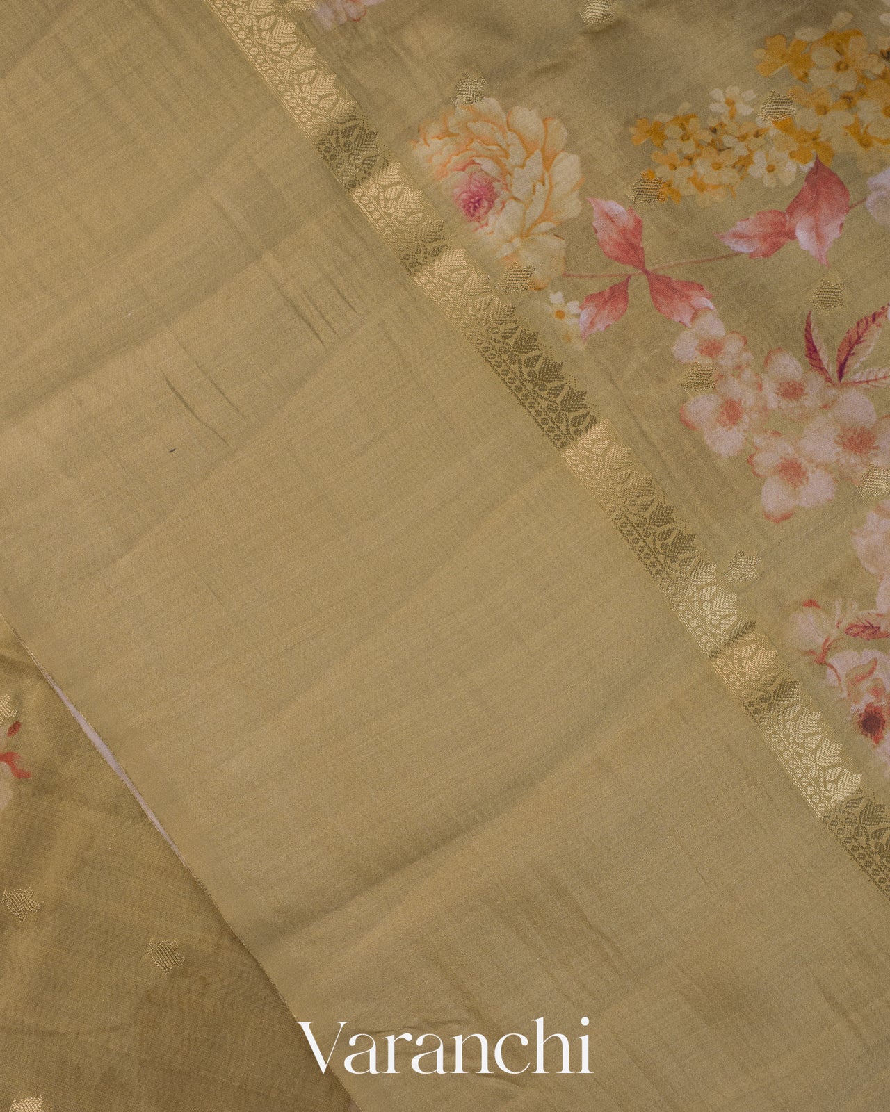 Deep Beige Floral Printed Pure Chiniya Silk Saree