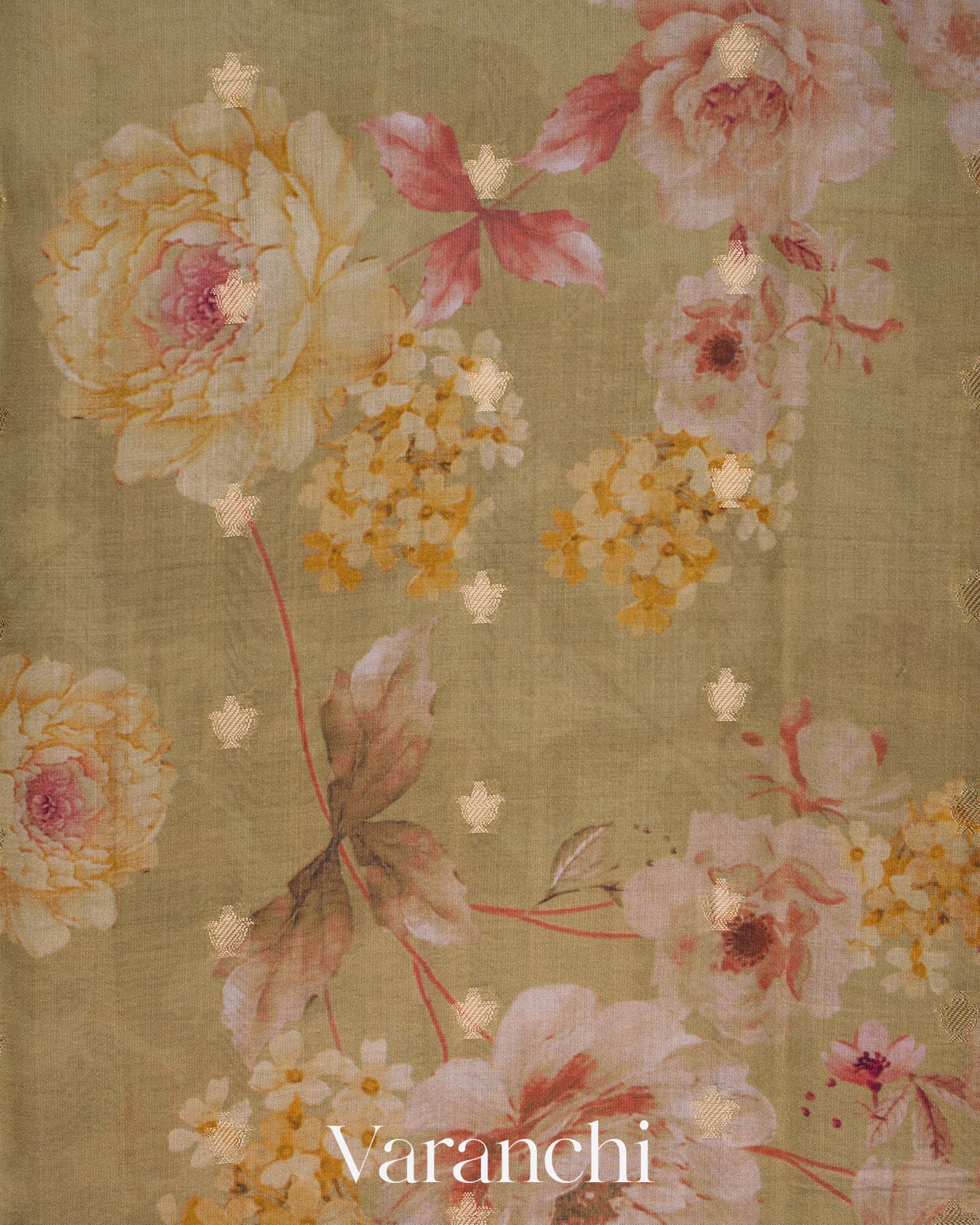 Deep Beige Floral Printed Pure Chiniya Silk Saree