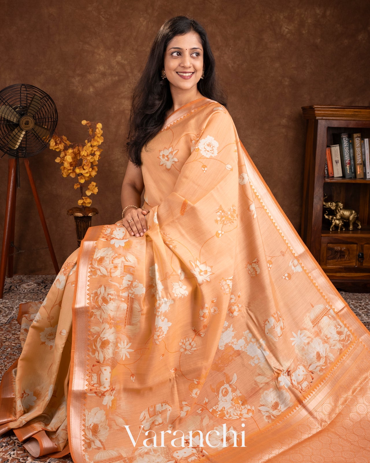 Soft Peach Floral Printed Pure Chiniya Silk Saree