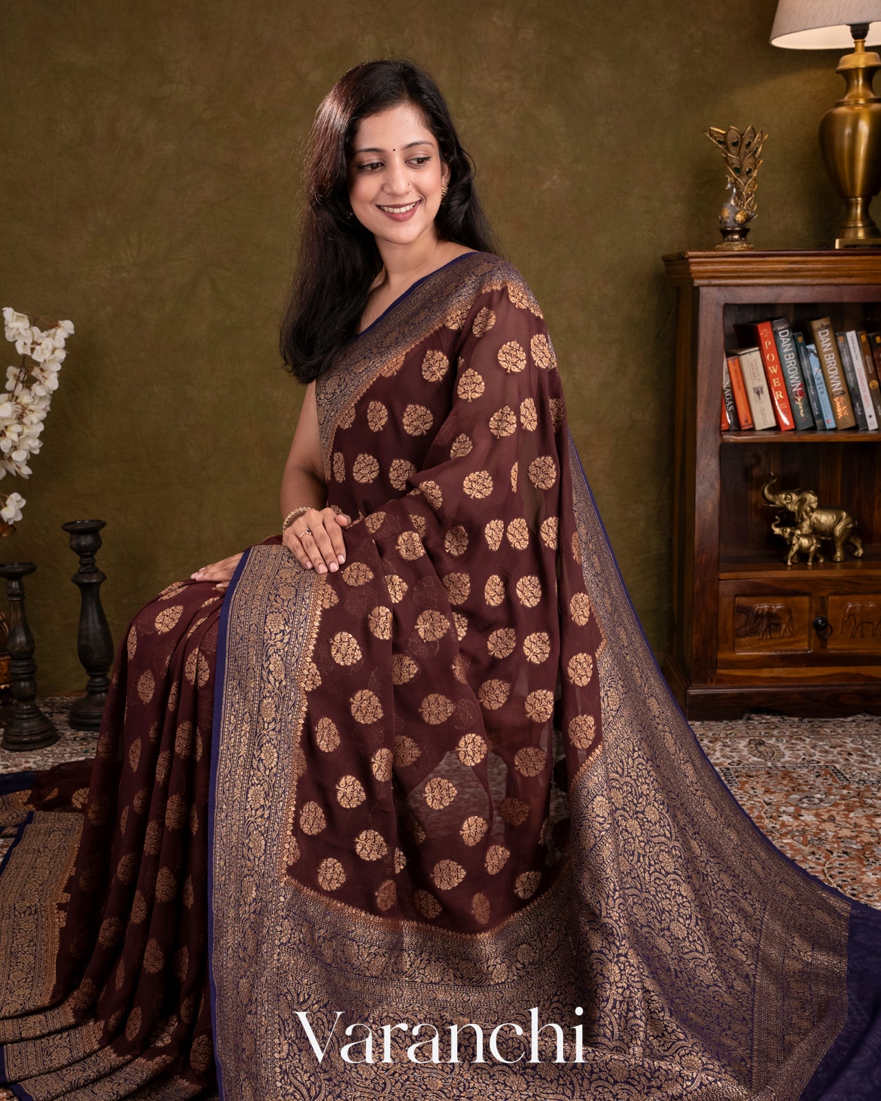 Chocolate Brown Pure Georgette Silk Saree